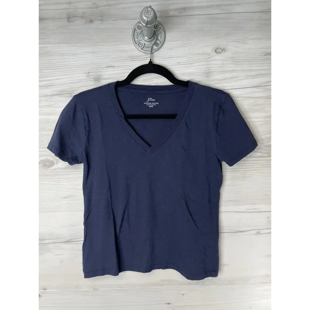 J Crew Shirt Womens XXS Navy Vintage Cotton V Neck Short Sleeve Tee Top‎ Casual
